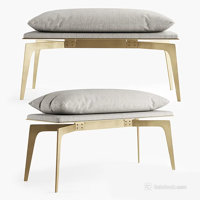 Modern Upholstered Sofa Bench With Gray Fabric Cushion And Gold Metal Legs 3d model 