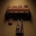 Wall Mounted Wooden Cabinets With Woven Baskets On Top Hanging Aprons And Cutting Board