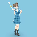Woman with Pigtails in Blue Plaid Dress Holding Magic Wand and Black Boots