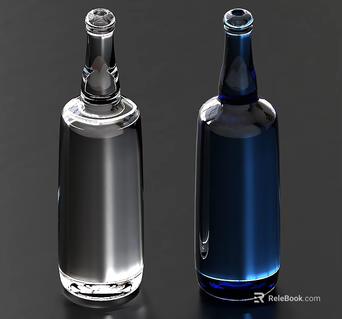 Transparent And Blue Glass Bottles On Dark Background 3d model
