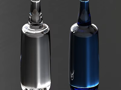 Transparent And Blue Glass Bottles On Dark Background 3d model