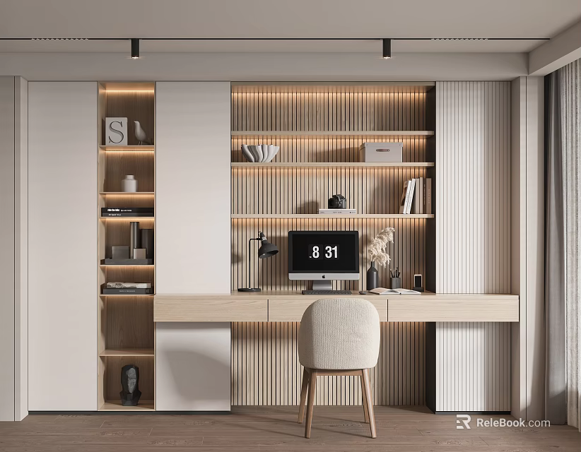 Modern Home Office Bookcase With Wooden Desk Beige Chair And Decorative Items 3d model 