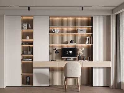 Modern Home Office Bookcase With Wooden Desk Beige Chair And Decorative Items 3d model