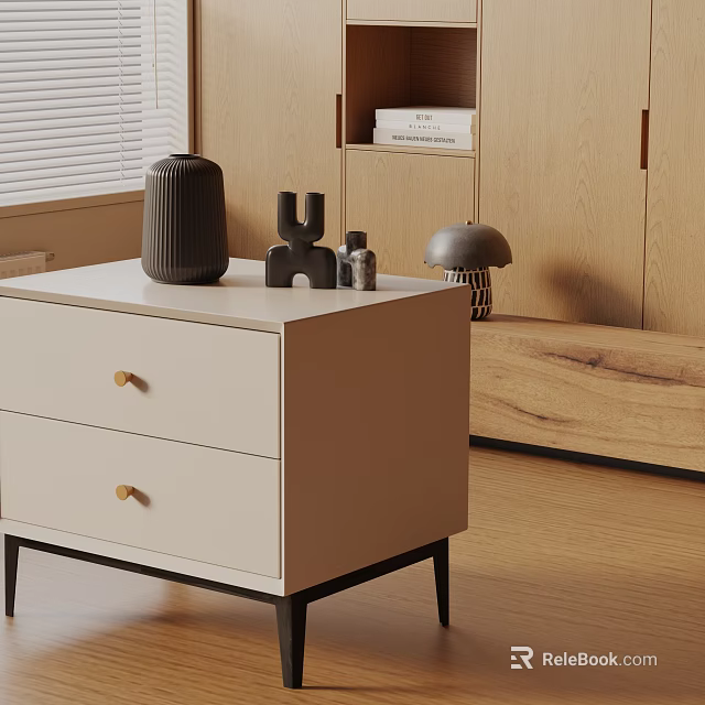 Cream White Modern Side Table With Two Drawers Gold Handles Black Legs And Decorative Items 3d model 