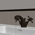 Golden TOTO Faucet on White Sink with Floral Wallpaper and Tiles