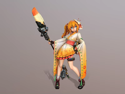 Orange Haired Character In Kimono Style Outfit With Staff And Small Creature 3d model