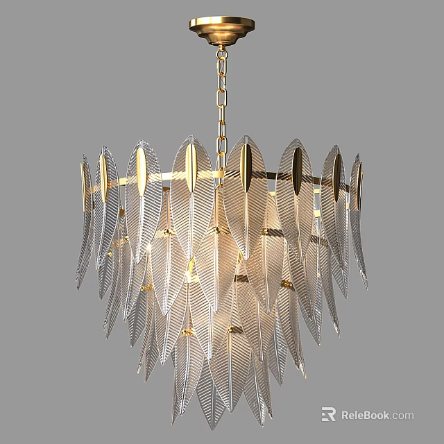 Elegant Modern Feather Shaped Chandelier With Transparent Blades And Golden Frame 3d model 
