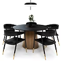 Round Black Marble Dining Table Set With Wooden Legs Gold Accent Chairs And Hanging Lamp