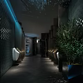 Spacious Modern Public Restroom Interior Corridor With Black Marble Walls Blue Lighting And Sleek Floors