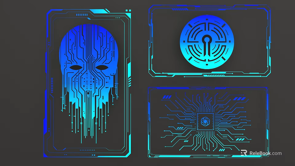 Futuristic Cyber Tech Abstract Designs With Circuit Board Patterns And Digital Faces 3d model