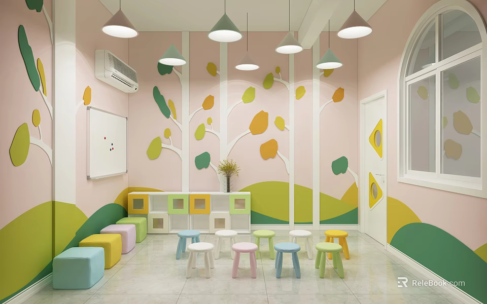 Colorful Kindergarten Classroom With Pastel Walls Tree Decor And Stools 3d model 