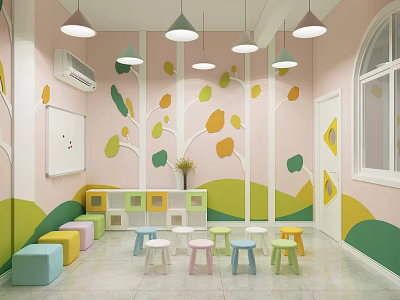 Colorful Kindergarten Classroom With Pastel Walls Tree Decor And Stools 3d model