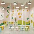 Colorful Kindergarten Classroom With Pastel Walls Tree Decor And Stools