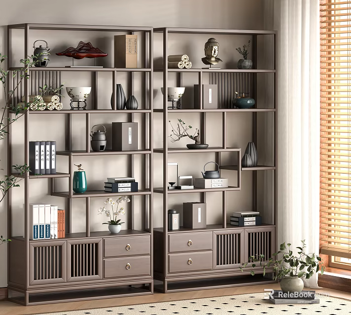 Traditional Chinese Wooden Display Shelf With Decorative Vases Books And Drawers 3d model 