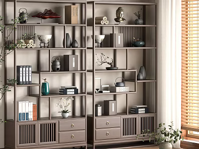 Traditional Chinese Wooden Display Shelf With Decorative Vases Books And Drawers 3d model