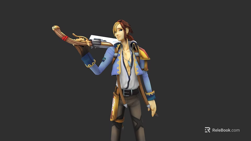 Game Movie Character Holding Musket With Brown Hair And Blue Coat 3d model 