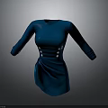 Dark Blue Long Sleeve Dress with Three Rows of Buttons and Pleated Waist