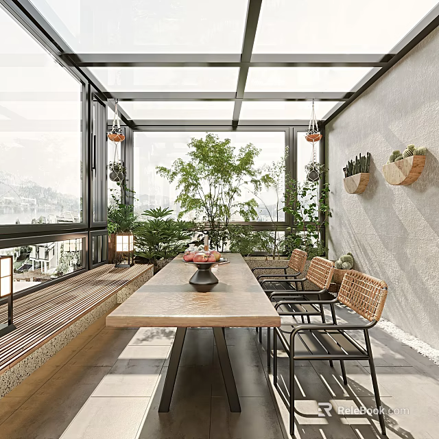 Spacious Villa Balcony with Glass Roof Large Windows Wooden Dining Table Rattan Chairs and Lush Plants 3d model 