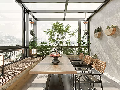 Spacious Villa Balcony with Glass Roof Large Windows Wooden Dining Table Rattan Chairs and Lush Plants 3d model