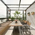 Spacious Villa Balcony with Glass Roof Large Windows Wooden Dining Table Rattan Chairs and Lush Plants