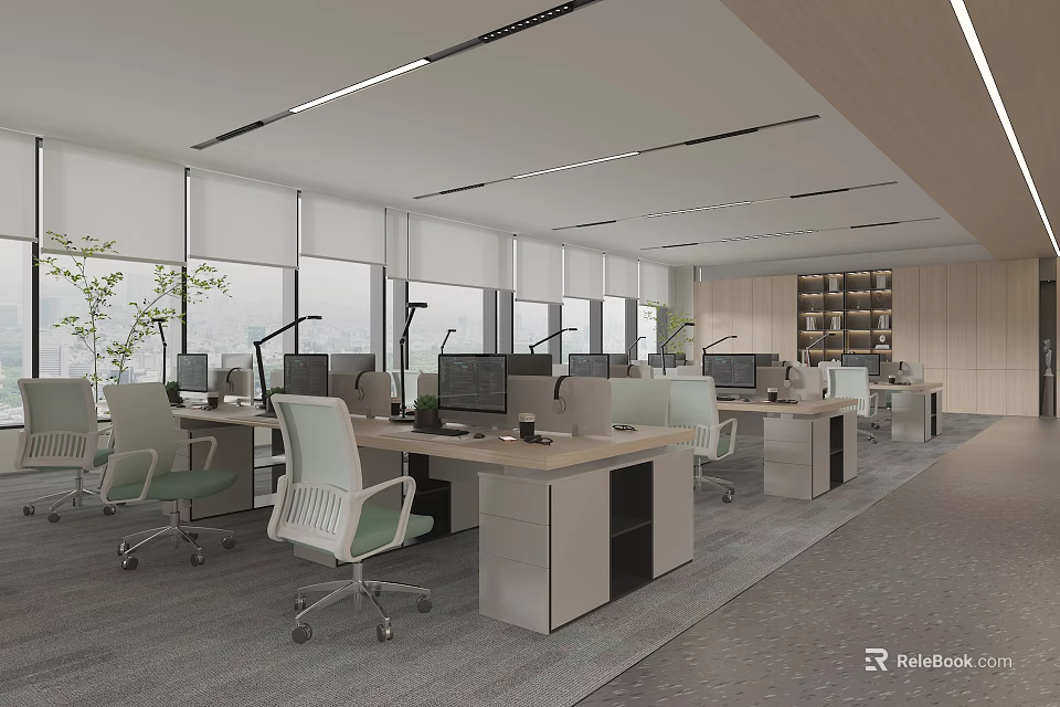 Modern Public Office Space With Open Layout Office Desks Computers Green Plants And Large Windows 3d model 
