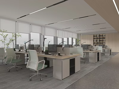 Modern Public Office Space With Open Layout Office Desks Computers Green Plants And Large Windows 3d model
