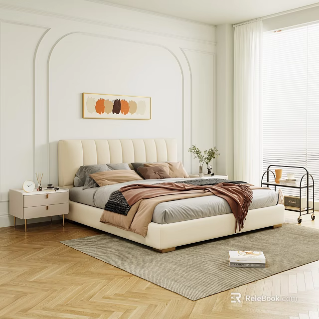 Contemporary Bedroom Interior With Beige Headboard Gray Bedding Decorative Painting And Window Blinds 3d model 