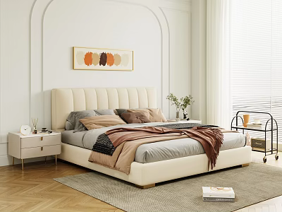 Contemporary Bedroom Interior With Beige Headboard Gray Bedding Decorative Painting And Window Blinds 3d model