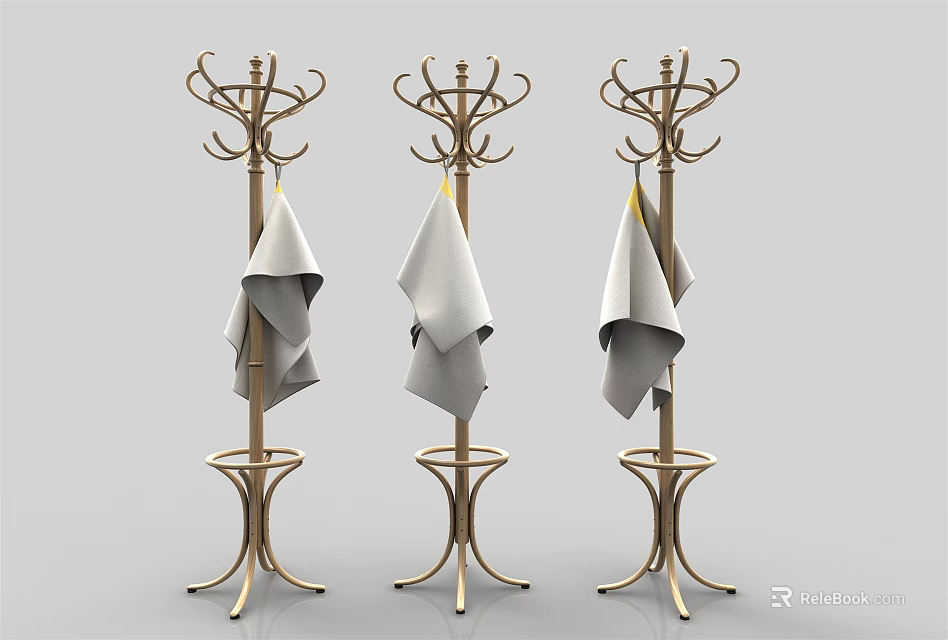 Three Elegant Golden Coat Racks Hanging Gray Cloth With Modern Base Design 3d model 