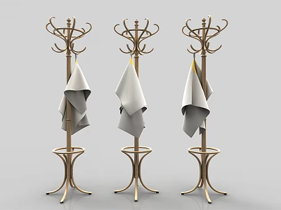 Three Elegant Golden Coat Racks Hanging Gray Cloth With Modern Base Design 3d model