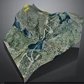 3D Terrain Model of Mountainous Landscape With River Roads and Yellow Marker
