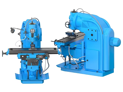 Two Blue Industrial Milling Machines With Worktable And Mechanical Control Panels 3d model