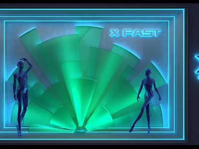 X FAST Window Display With Green Fan Shaped Background And Female Mannequins 3d model