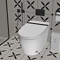 Modern Bathroom Featuring Smart Toilet Black White Patterned Tile And Fixtures