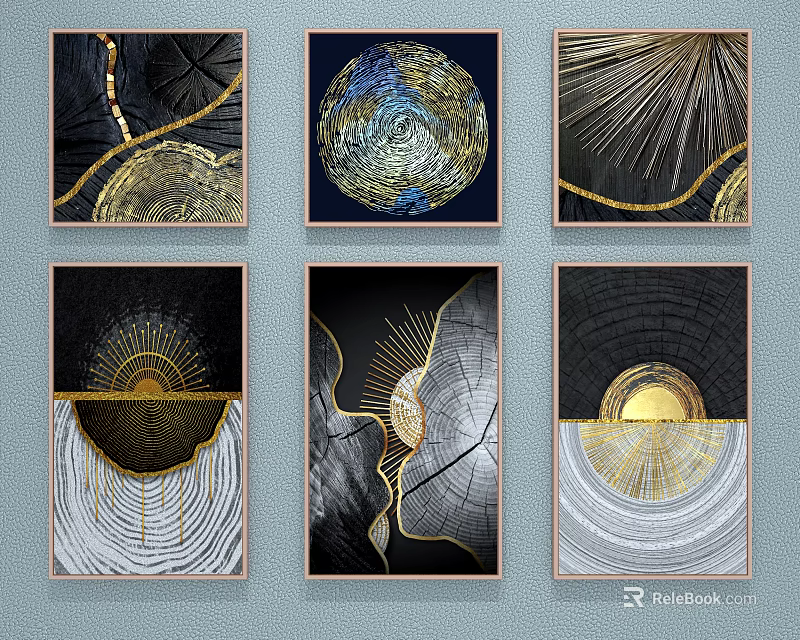 Modern Abstract Paintings With Golden Lines Geometric Patterns And Metallic Texture 3d model