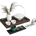 Elegant Tea Set with Wooden Tray White Teapot Green Teacups White Vase and Black Mat