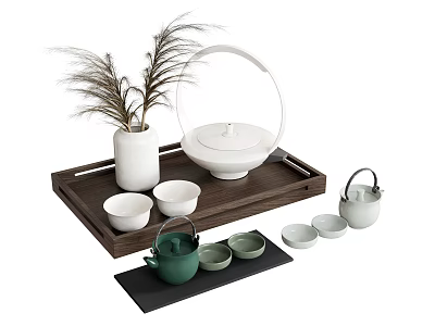Elegant Tea Set with Wooden Tray White Teapot Green Teacups White Vase and Black Mat 3d model