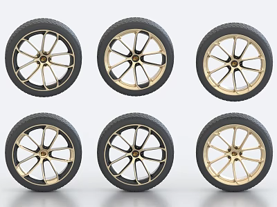 Six Stylish Car Tires With Gold Alloy Rims And Black Rubber Treads 3d model