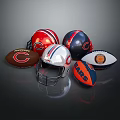 Assorted Football Helmets And Rugby Balls With Team Logos On Dark Background