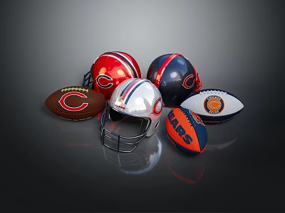 Assorted Football Helmets And Rugby Balls With Team Logos On Dark Background 3d model Assorted Football Helmets And Rugby Balls With Team Logos On Dark Background 3d model