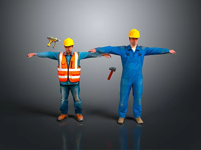 Construction Workers Wearing Yellow Hard Hats Safety Vest And Blue Overalls With Tools 3d model