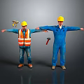 Construction Workers Wearing Yellow Hard Hats Safety Vest And Blue Overalls With Tools