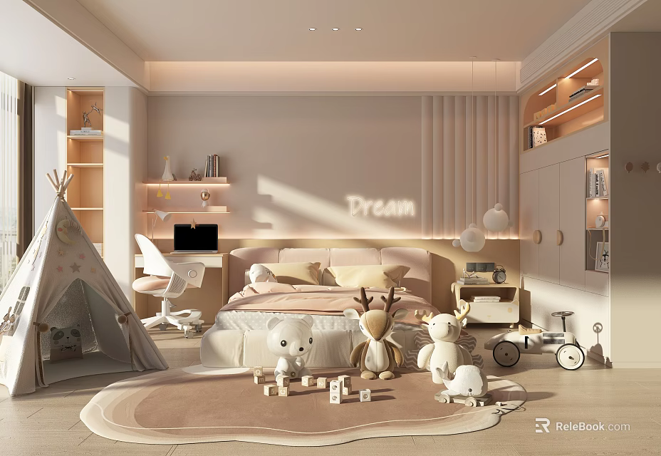 Cozy Kids Room With Teepee Desk Chair Bed Stuffed Toys Building Blocks And Dream Decor 3d model 