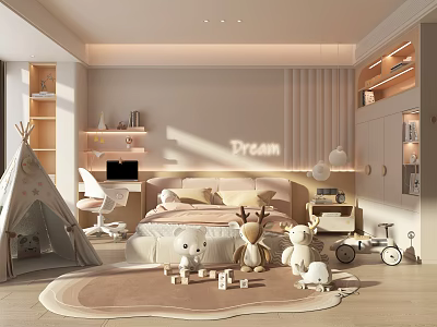 Cozy Kids Room With Teepee Desk Chair Bed Stuffed Toys Building Blocks And Dream Decor 3d model