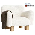 Cozy White Bouclé Accent Chair With Wooden Legs And Brown Blanket On Armrest