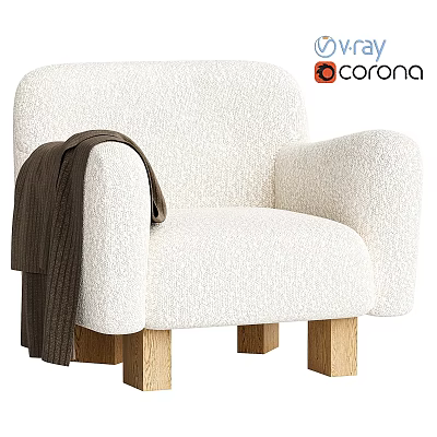 Cozy White Bouclé Accent Chair With Wooden Legs And Brown Blanket On Armrest 3d model