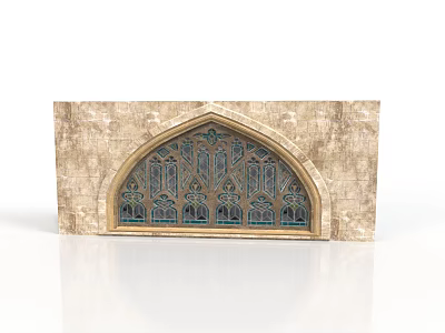 Architectural Building Feature With Arched Stained Glass Window And Stone Wall 3d model