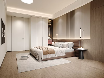 Modern Bedroom Interior Design With Large Bed Wardrobe Bedside Table And Wooden Floor 3d model