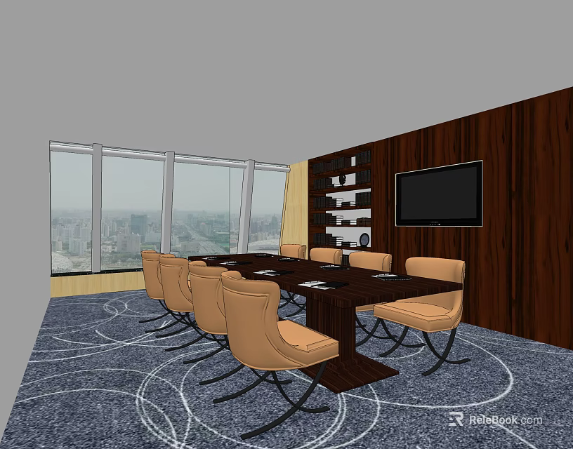 Conference Room With Long Table Chairs TV Screen Wooden Wall Large Windows And City View 3d model 