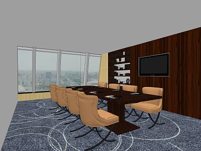 Conference Room With Long Table Chairs TV Screen Wooden Wall Large Windows And City View 3d model